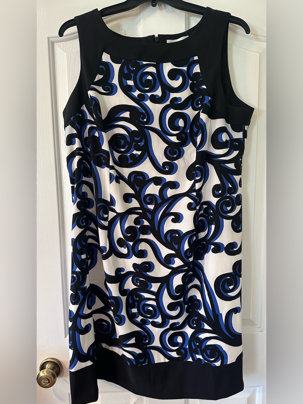 Sleeveless White Dress with Blue and Black Swirl Print and jacket by CJBanks